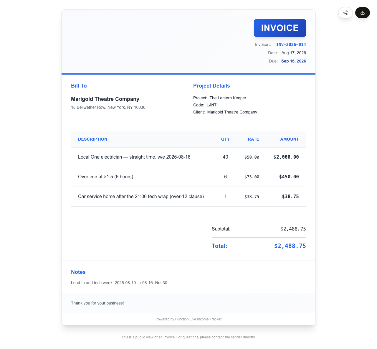 The public shared-invoice page: an INVOICE header block with number, date and due date, a Bill To and Project Details pair, the line-item table with quantities, rates and amounts, the subtotal and total, and the notes.