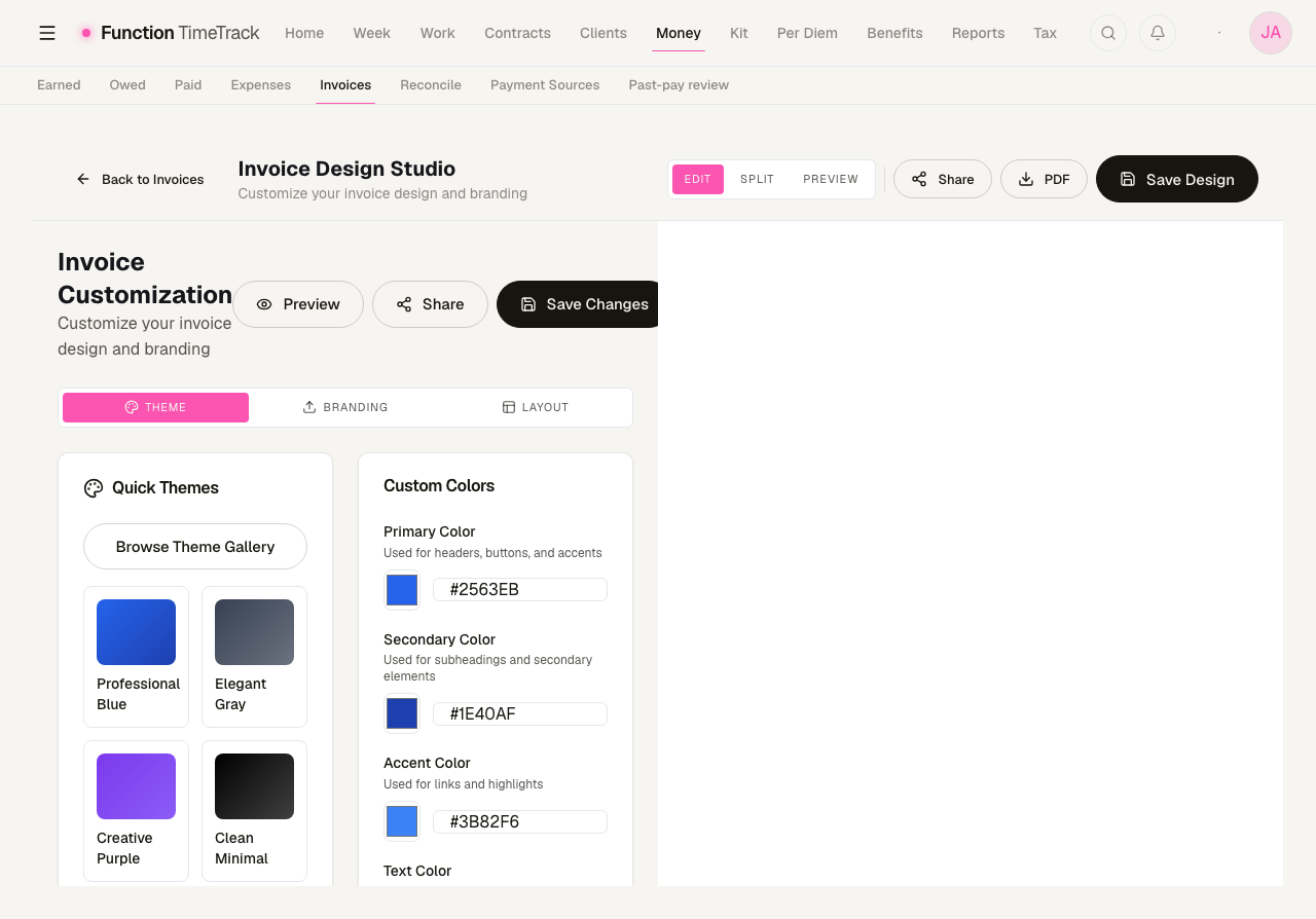 The Invoice Design Studio in Edit mode: Theme, Branding and Layout tabs, a Quick Themes gallery with four theme swatches, and Custom Colors fields for primary, secondary, accent and text colour.