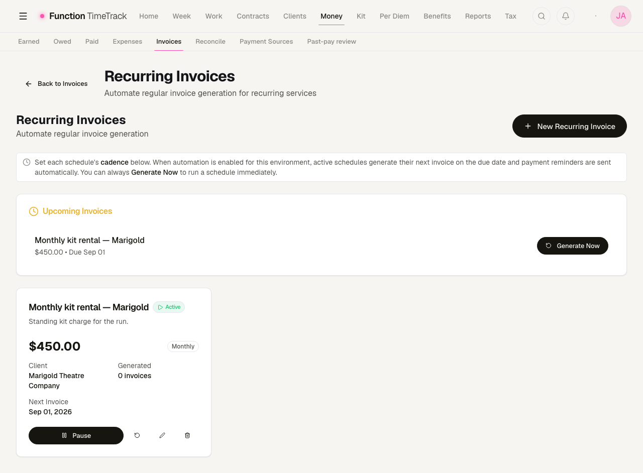 The Recurring Invoices page: an Upcoming Invoices strip with a Generate Now button, and an active monthly schedule card showing its amount, client, generated count and next invoice date.