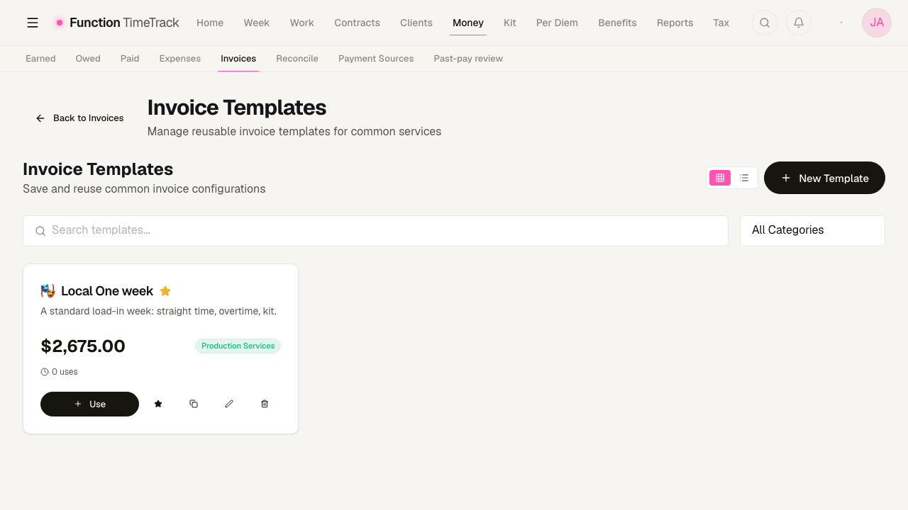 The Invoice Templates page with one template card, 'Local One week', showing its description, total, category badge and use count, with Use, favourite, duplicate, edit and delete actions.