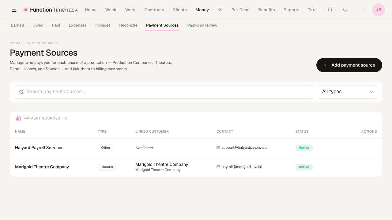 The Payment Sources page: a search field and type filter above a two-row table. Halyard Payroll Services is typed Other and not linked to a customer; Marigold Theatre Company is typed Theater and linked to the Marigold customer record. Both are Active, with alias, edit and delete actions on the right.
