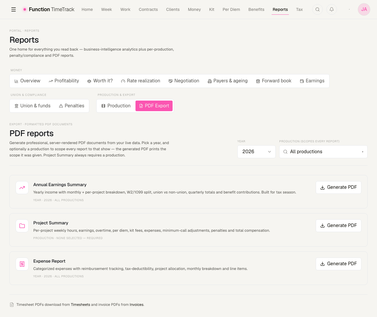 The PDF Export tab: a Year selector and a production picker labelled 'scopes every report', above cards for Annual Earnings Summary, Project Summary and Expense Report, each with a Generate PDF button and a line stating the scope it will be given.