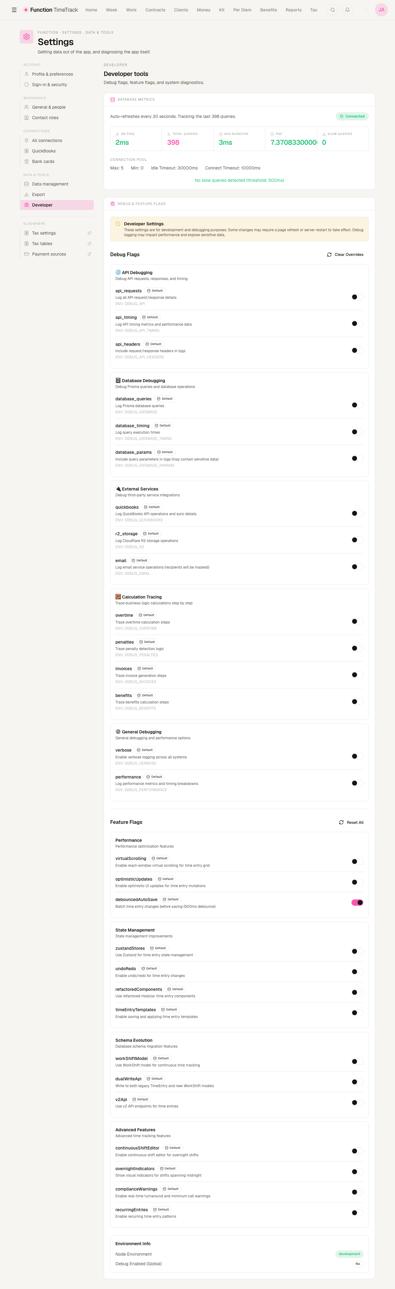 The Developer tools page showing a database metrics panel with ping, query count and p95 timings, then long lists of debug flags and feature flags each with a toggle