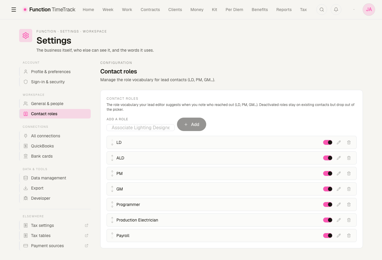 Settings, Workspace, Contact roles: an Add a role field with an Add button, above seven rows — LD, ALD, PM, GM, Programmer, Production Electrician, Payroll — each with reorder arrows, an active toggle, and edit and delete buttons.
