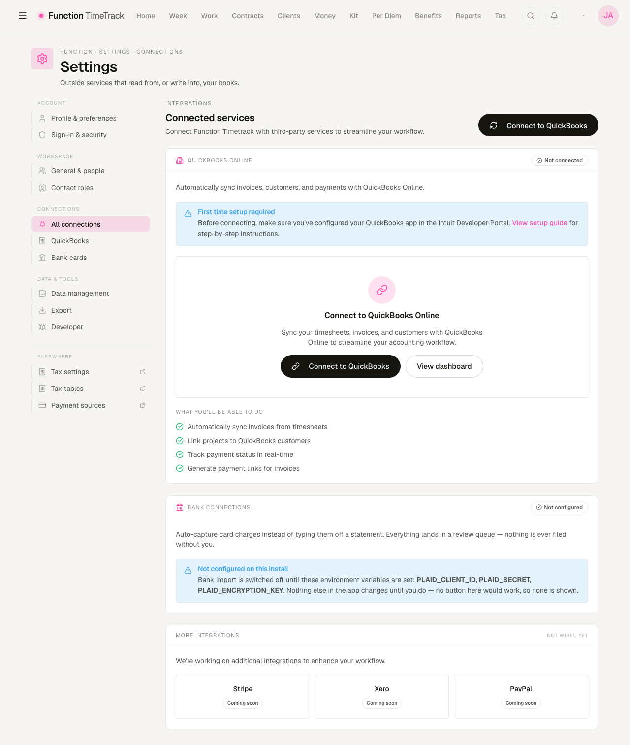 The Connected services page showing a Not connected QuickBooks Online card with a first-time-setup notice and a Connect button, a Not configured bank connections card naming three environment variables, and three coming-soon integration tiles