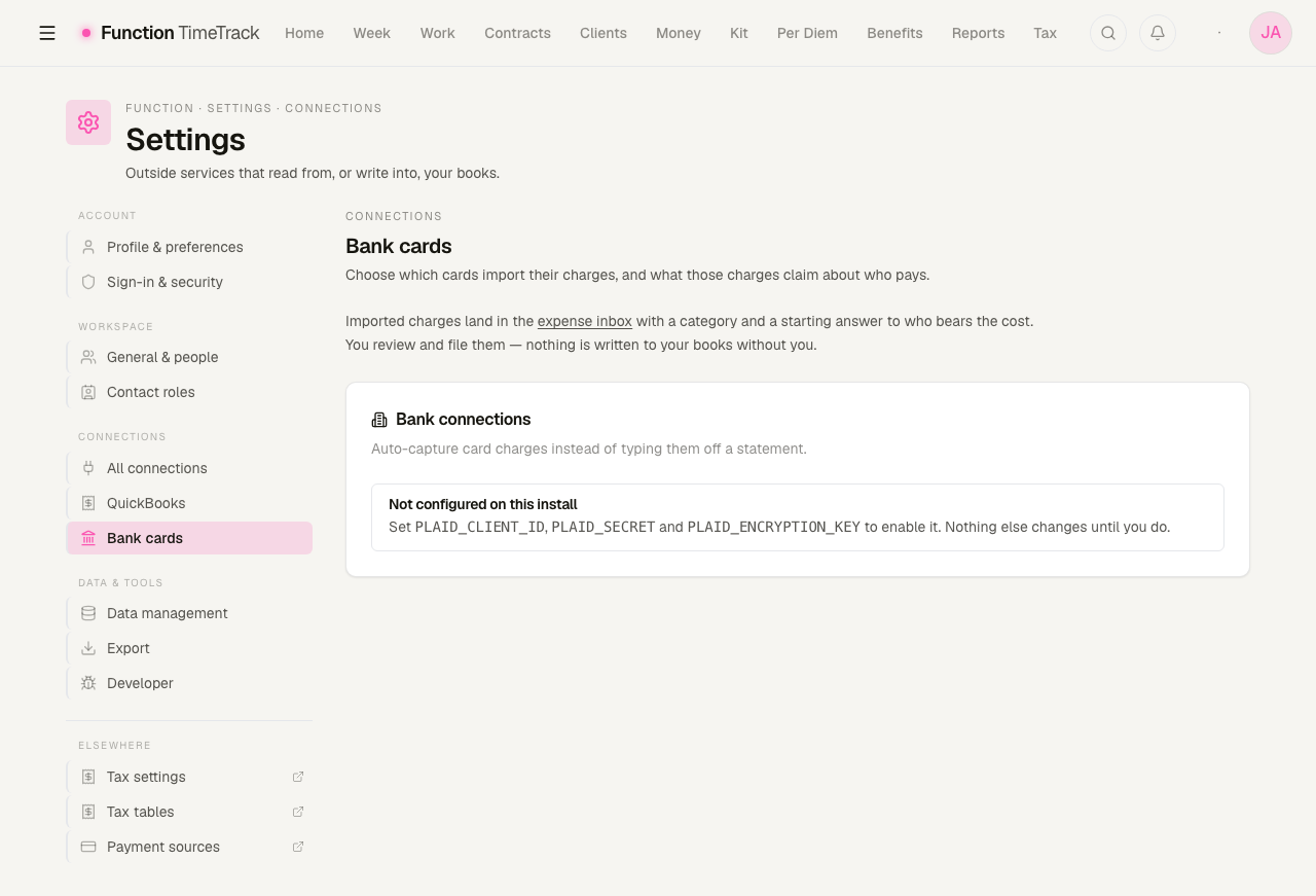 Settings, Connections, Bank cards. A Bank connections card explains it auto-captures card charges, then a panel reading Not configured on this install: set PLAID_CLIENT_ID, PLAID_SECRET and PLAID_ENCRYPTION_KEY to enable it. Nothing else changes until you do.