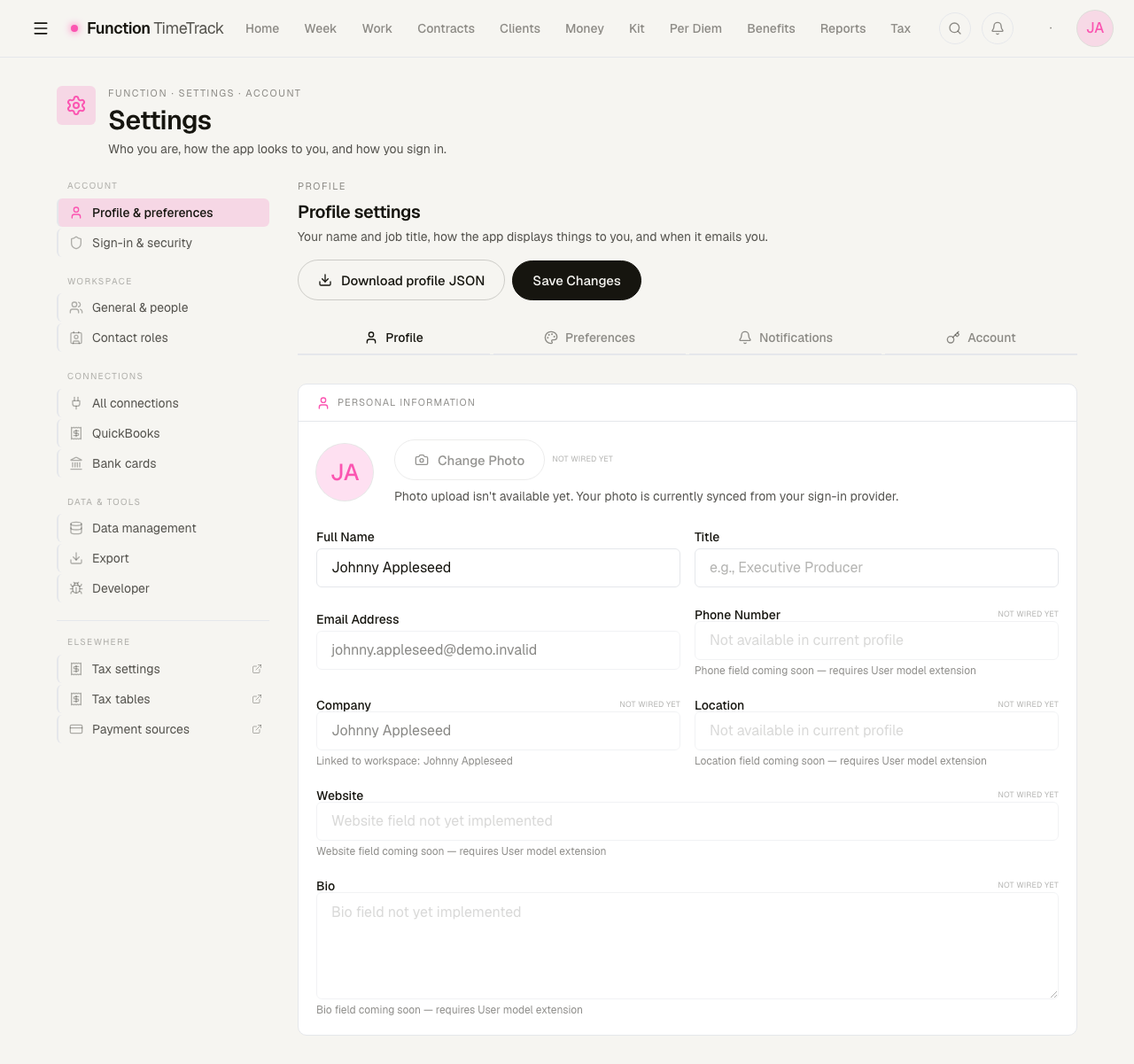 The Profile settings page with Full Name and Email filled in, and six fields — photo, phone, company, location, website and bio — each marked NOT WIRED YET