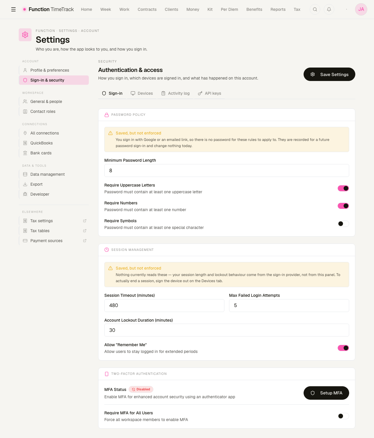 The Sign-in and security page showing a password policy panel and a session management panel, each with an amber 'Saved, but not enforced' notice, above a two-factor authentication panel reading MFA Status Disabled
