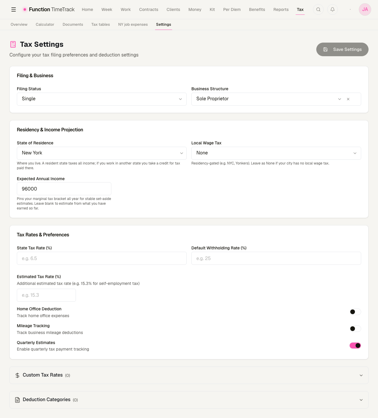 The Tax Settings page: Filing and Business with filing status and business structure; Residency and Income Projection with state of residence, local wage tax and expected annual income; Tax Rates and Preferences with three rate fields and the home-office, mileage and quarterly-estimates toggles; and collapsed Custom Tax Rates and Deduction Categories sections.