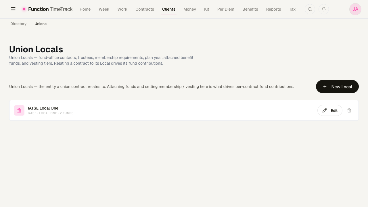 The Union Locals page under the Clients section: one row for IATSE Local One, labelled IATSE · Local One · 2 funds, with Edit and delete actions and a New Local button above.