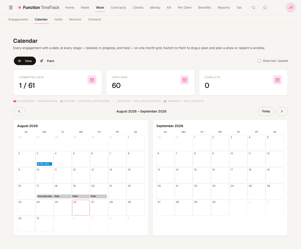 The Work calendar in View mode showing August and September 2026 side by side, with a wrapped four-day block and an in-progress show marked