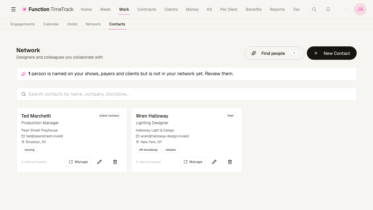 The Contacts directory showing two contact cards with discipline, company, email and tags, above a banner offering to review one person named on a show but not yet in the network